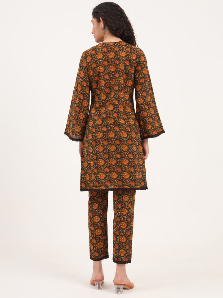 Divena Brown Floral Print Cotton Fabric Straight Kurta with Trouser