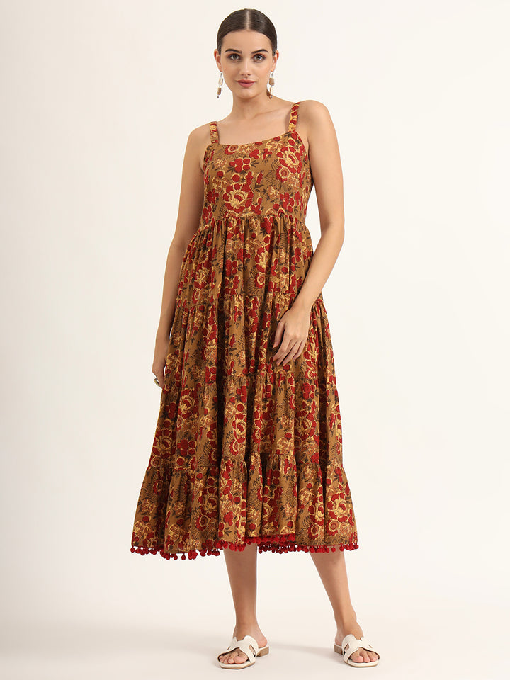 Divena Brown Floral Print Pure Cotton Fit & Flare Dress