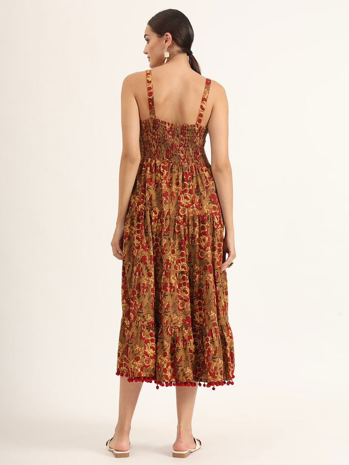 Divena Brown Floral Print Pure Cotton Fit & Flare Dress