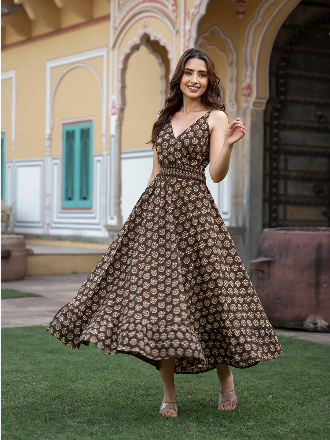 Divena Brown Floral Print Pure Cotton Fit & Flare Dress divena world Divena Brown Floral Print Pure Cotton Fit & Flare Dress divena world
