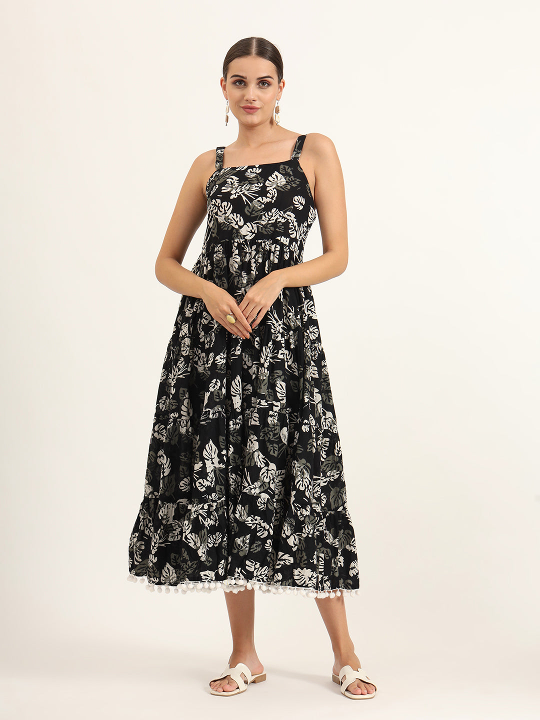 Divena Black Floral Print Pure Cotton Fit & Flare Dress