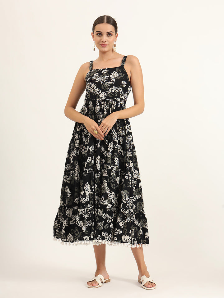Divena Black Floral Print Pure Cotton Fit & Flare Dress