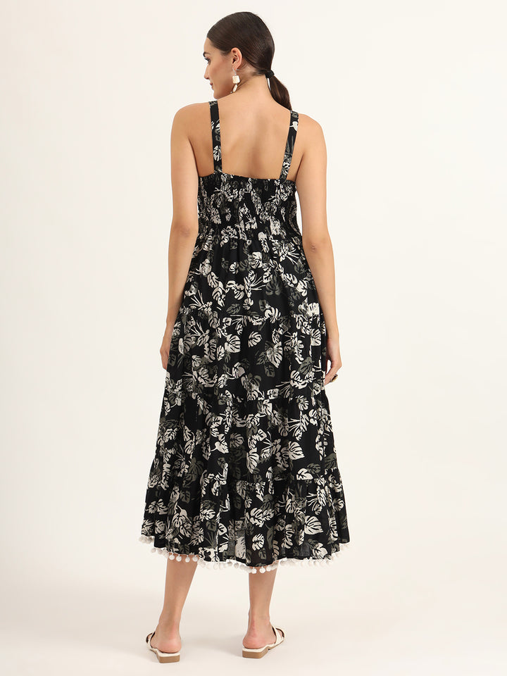 Divena Black Floral Print Pure Cotton Fit & Flare Dress