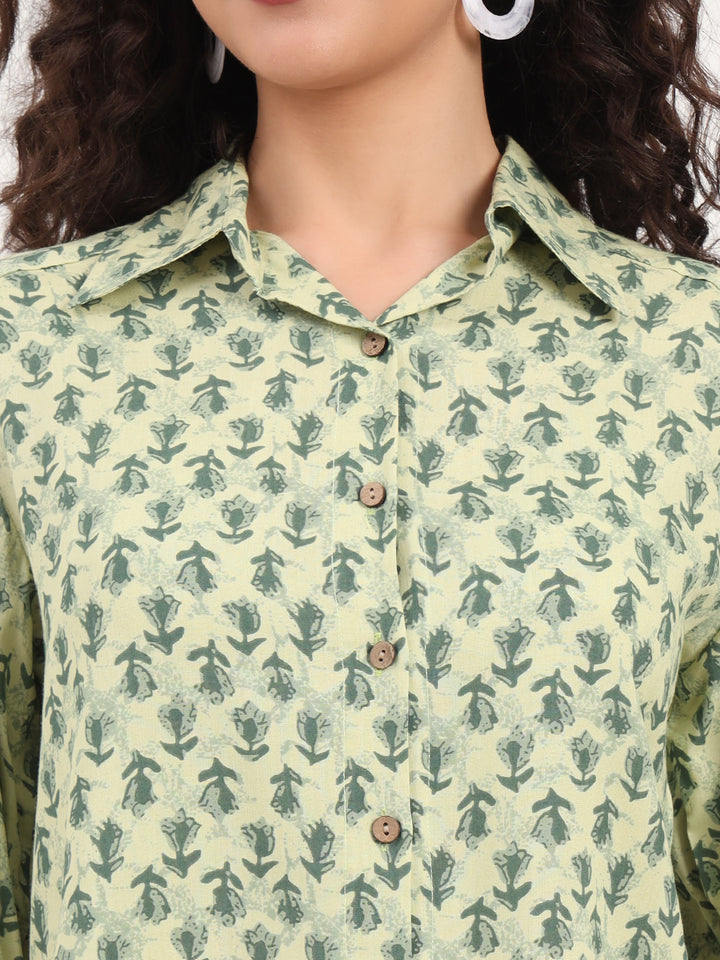 Divena Green Floral Print Rayon Fabric  Shirts Pant With Crop Top three Piece set