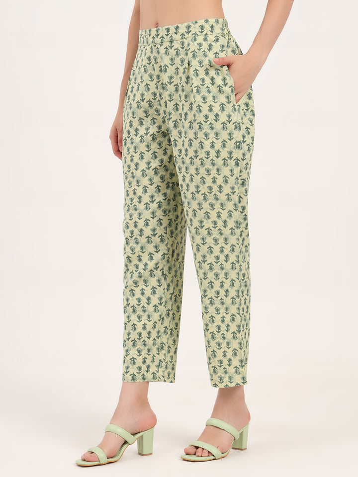 Divena Green Floral Print Rayon Fabric  Shirts Pant With Crop Top three Piece set