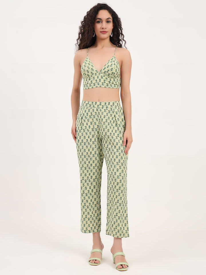 Divena Green Floral Print Rayon Fabric  Shirts Pant With Crop Top three Piece set