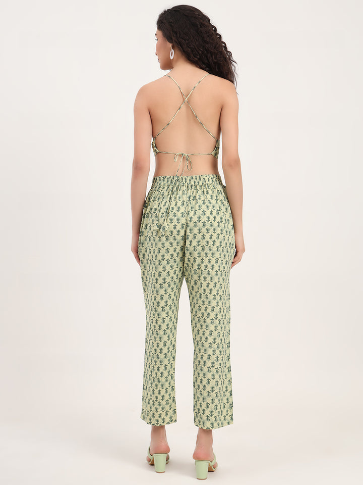 Divena Green Floral Print Rayon Fabric  Shirts Pant With Crop Top three Piece set