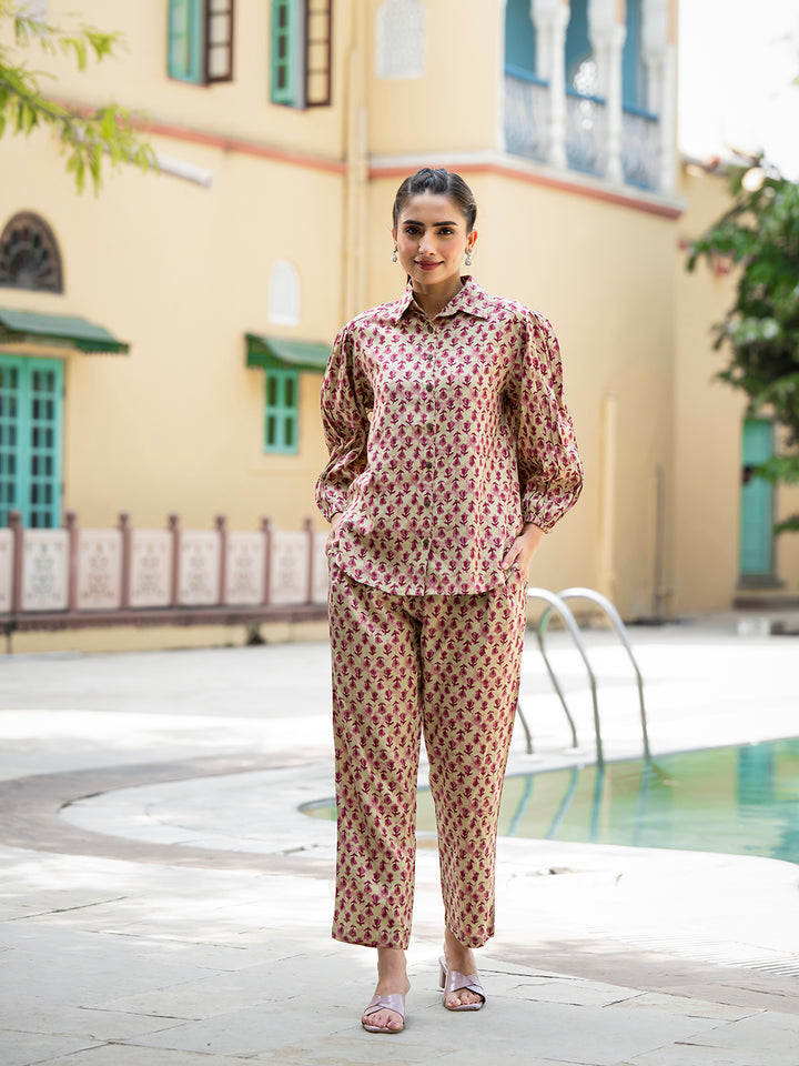 Divena Red Floral Print Pure Cotton Straight Co-ord Set