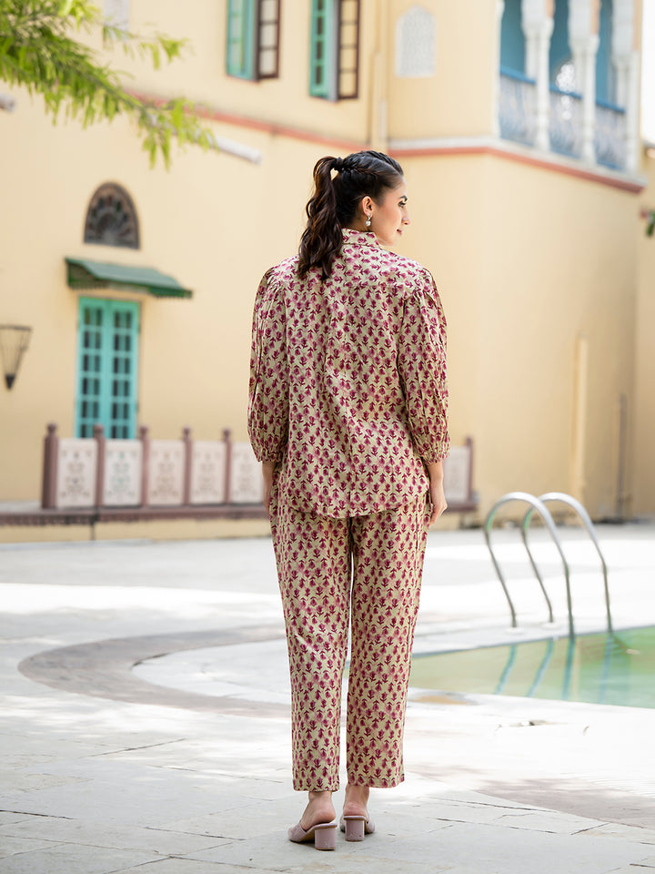 Divena Red Floral Print Pure Cotton Straight Co-ord Set