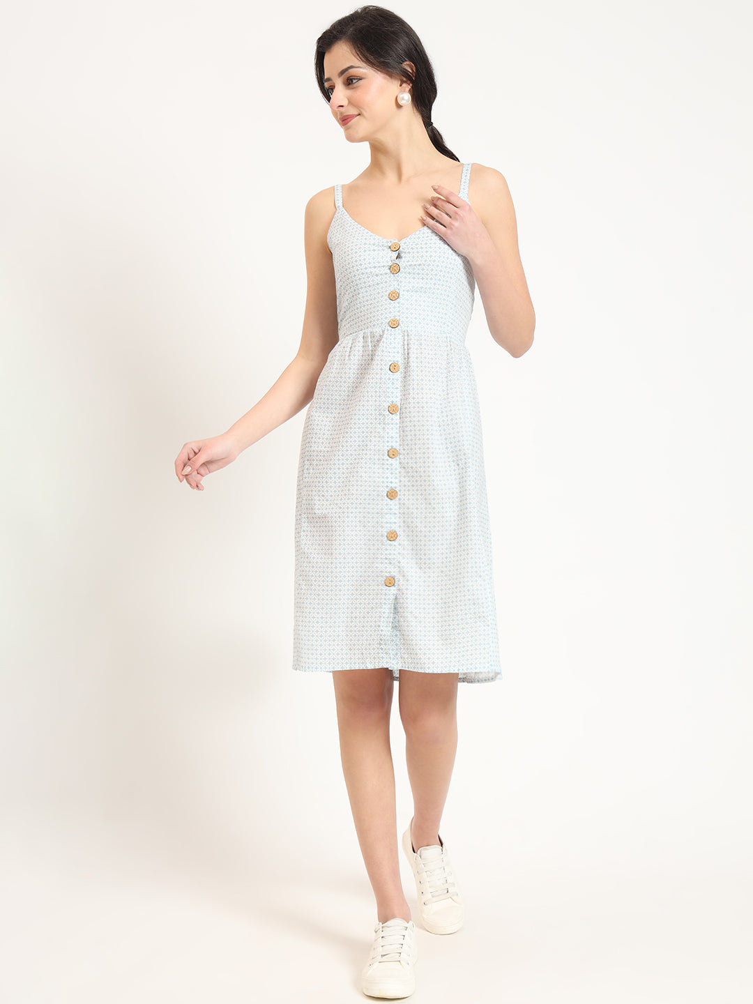 Divena Blue Ethnic Motif Shoulder Strip Dress