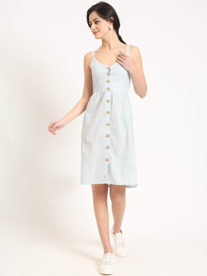 Divena Blue Ethnic Motif Shoulder Strip Dress