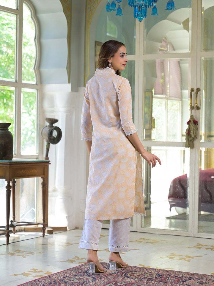 Divena Peach Block Print Cotton Straight Kurta Pant with Dupatta