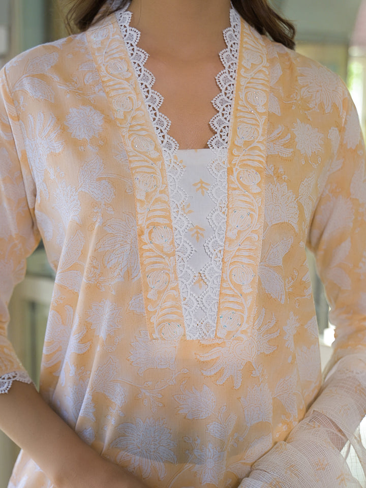 Divena Peach Block Print Cotton Straight Kurta Pant with Dupatta