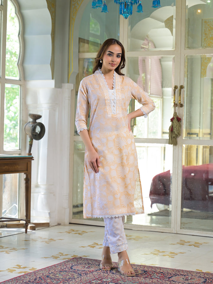 Divena Peach Block Print Cotton Straight Kurta Pant with Dupatta