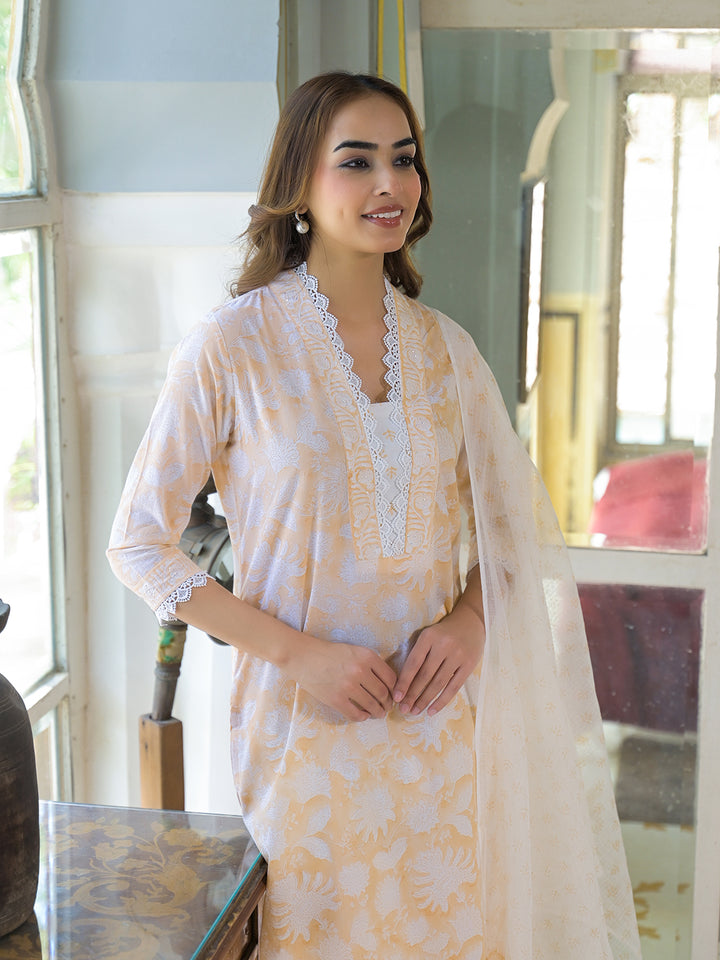 Divena Peach Block Print Cotton Straight Kurta Pant with Dupatta
