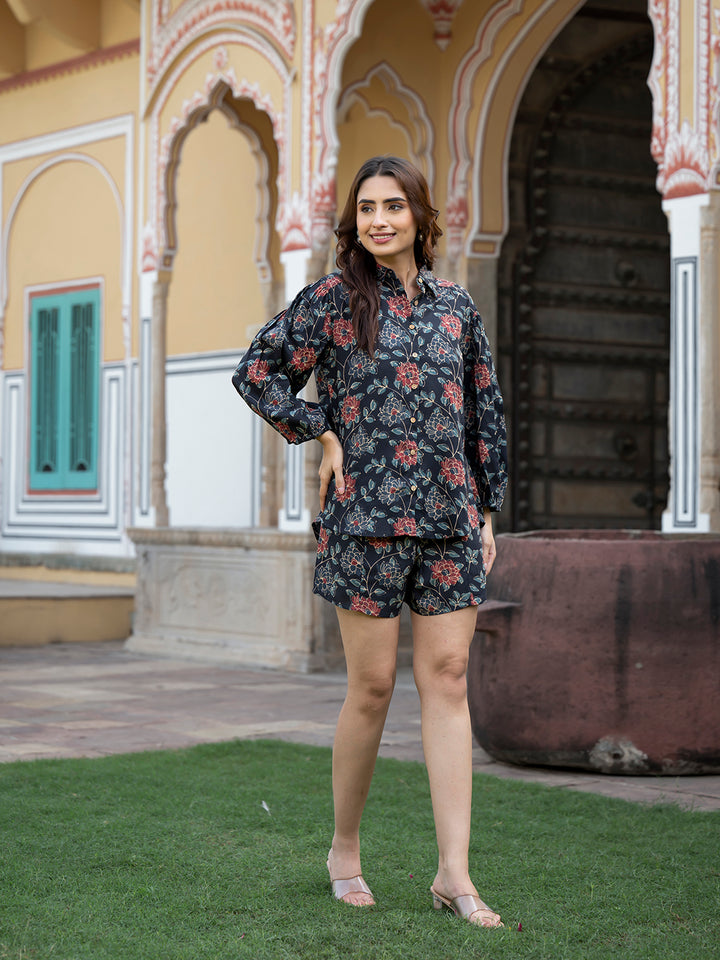 Divena Dark Blue Floral Print Rayon Fabric  Shirts Shorts With Crop Top three Piece set