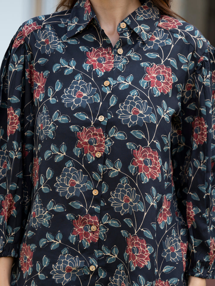 Divena Dark Blue Floral Print Rayon Fabric  Shirts Shorts With Crop Top three Piece set