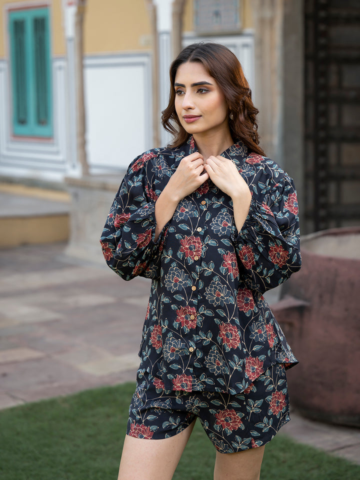 Divena Dark Blue Floral Print Rayon Fabric  Shirts Shorts With Crop Top three Piece set