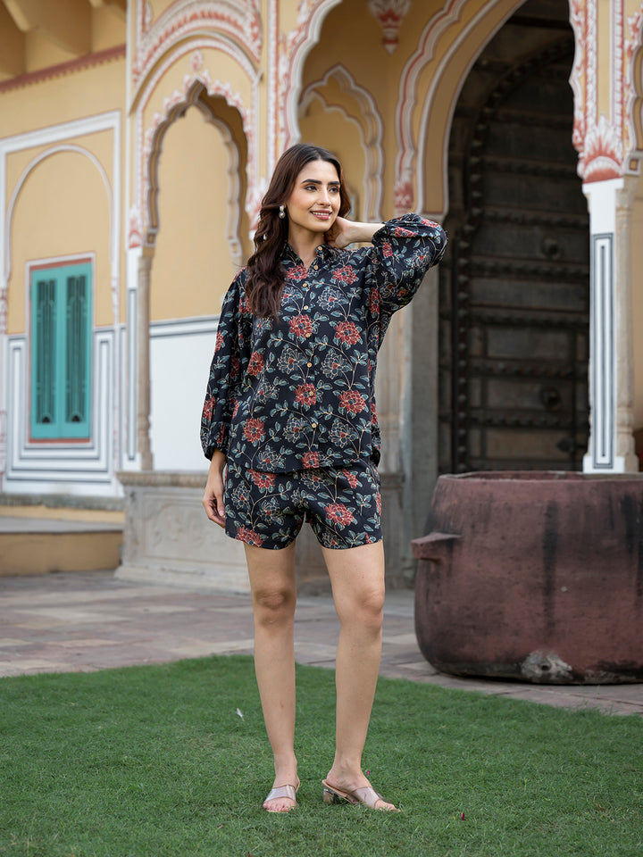 Divena Dark Blue Floral Print Rayon Fabric  Shirts Shorts With Crop Top three Piece set