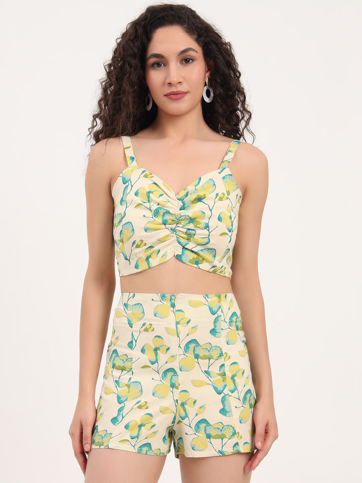 Divena Green Floral Print Rayon Fabric  Shirts Shorts With Crop Top Co-ord set