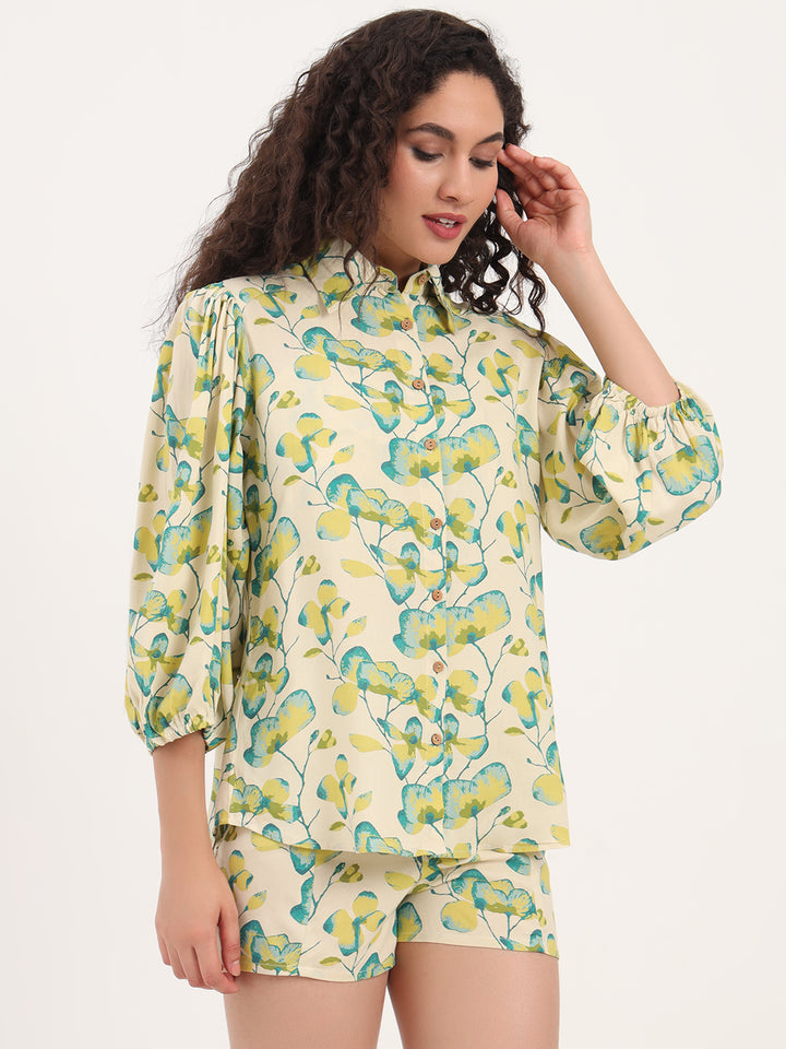 Divena Green Floral Print Rayon Fabric  Shirts Shorts With Crop Top Co-ord set