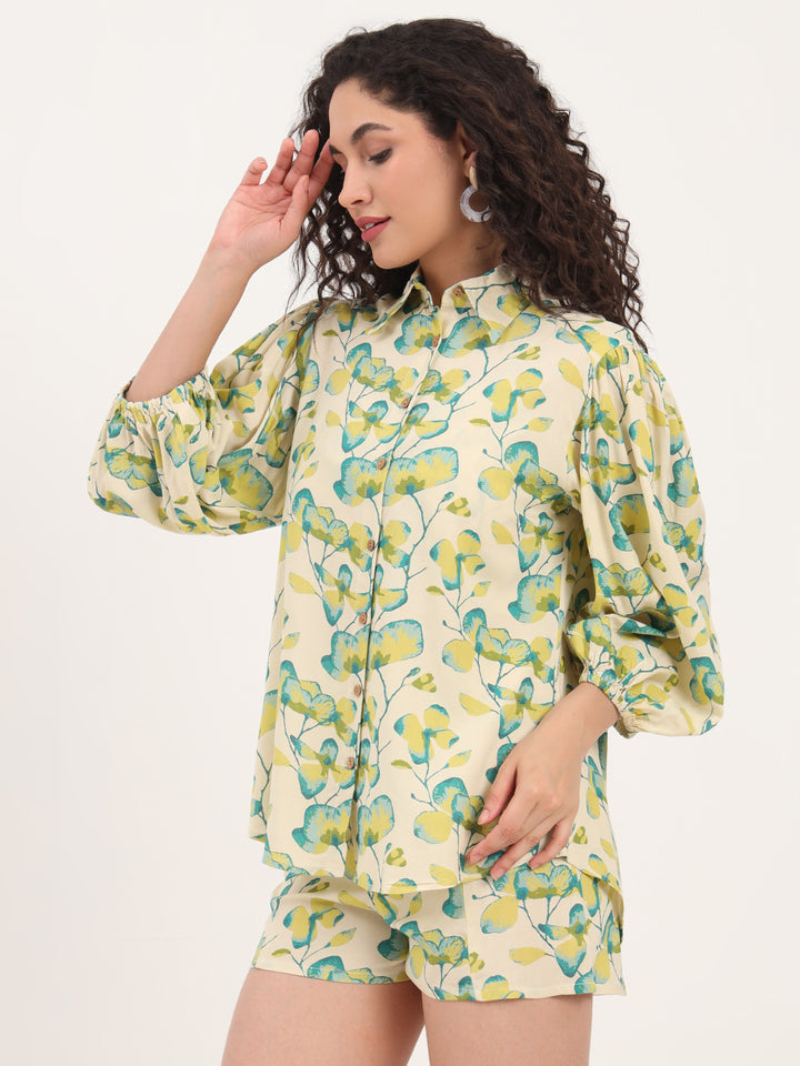 Divena Green Floral Print Rayon Fabric  Shirts Shorts With Crop Top Co-ord set