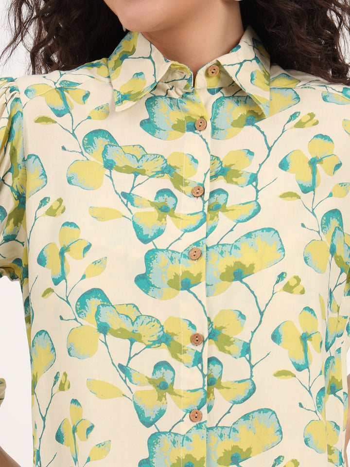 Divena Green Floral Print Rayon Fabric  Shirts Shorts With Crop Top Co-ord set