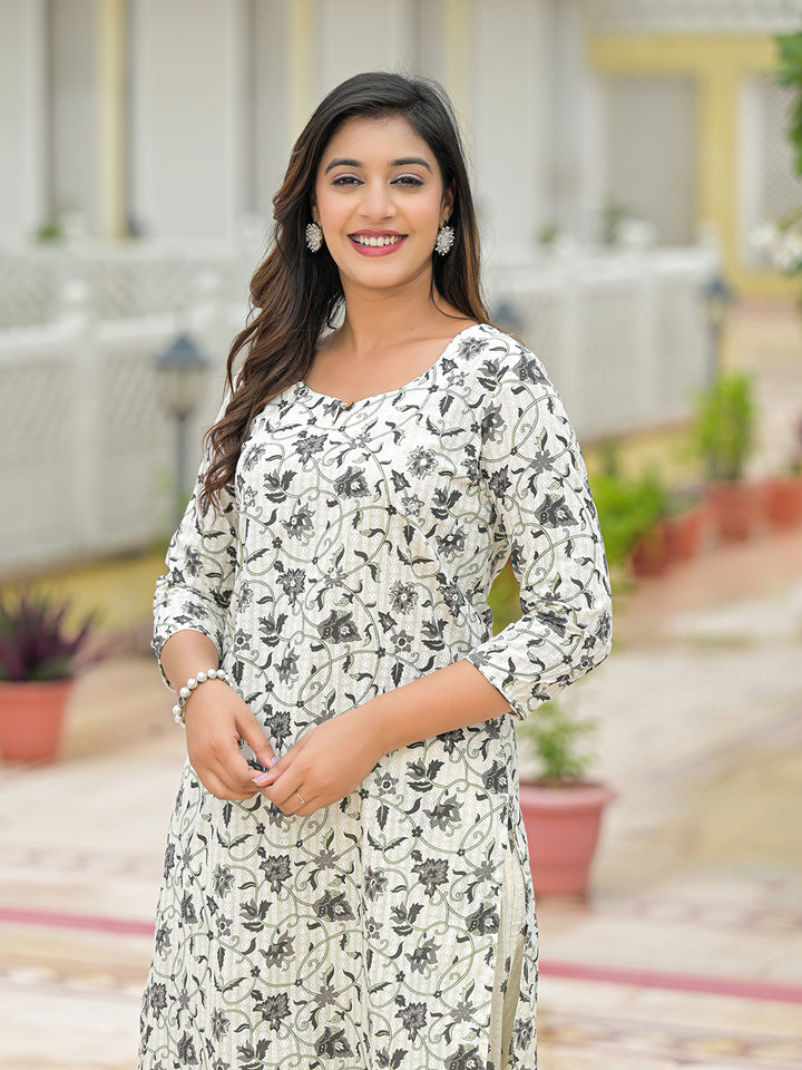 Divena Cream Floral Printed Cotton Kurta Pant Sets