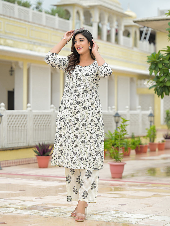 Divena Cream Floral Printed Cotton Kurta Pant Sets