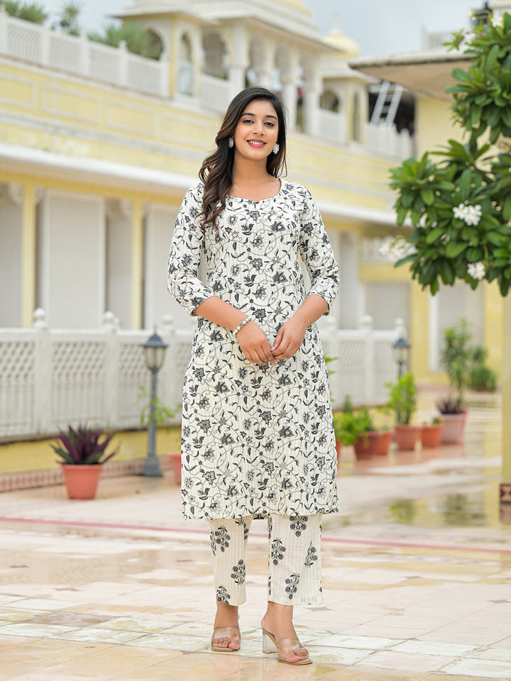 Divena Cream Floral Printed Cotton Kurta Pant Sets