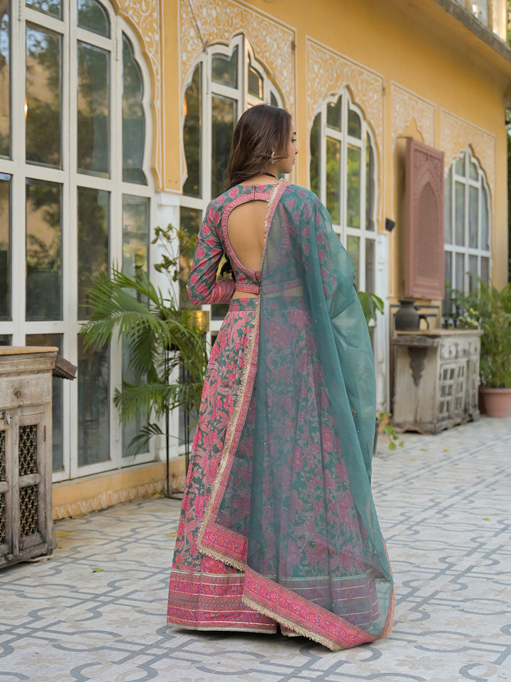 Divena Green Printed Cotton Lehenga with Choli and Dupatta