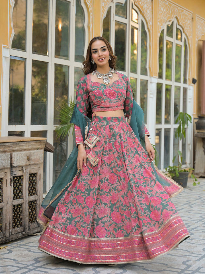 Divena Green Printed Cotton Lehenga with Choli and Dupatta