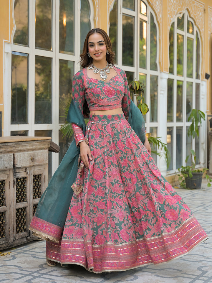 Divena Green Printed Cotton Lehenga with Choli and Dupatta