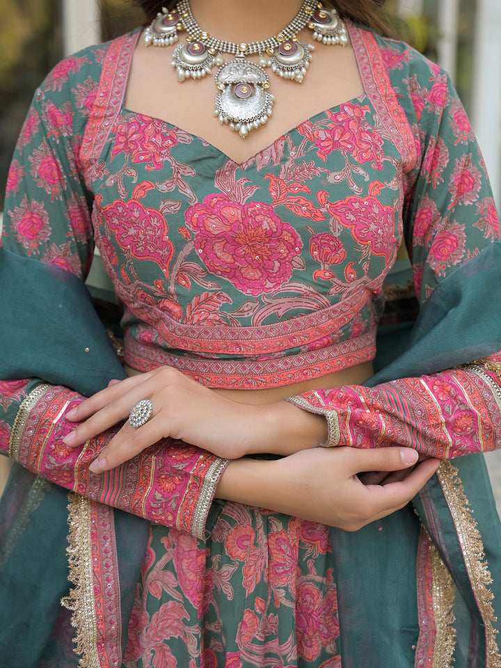 Divena Green Printed Cotton Lehenga with Choli and Dupatta