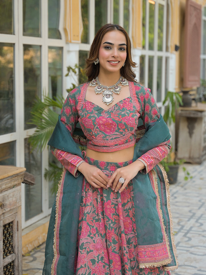 Divena Green Printed Cotton Lehenga with Choli and Dupatta