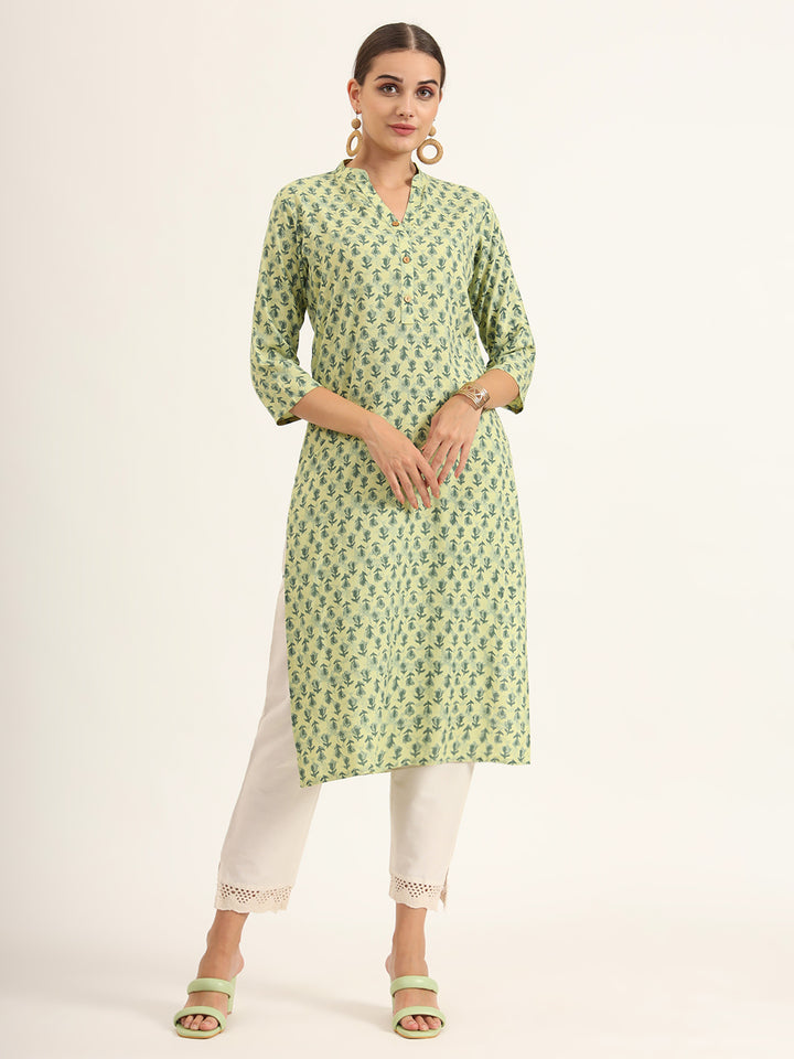 Divena Green Floral Print Pure Cotton Straight Kurta