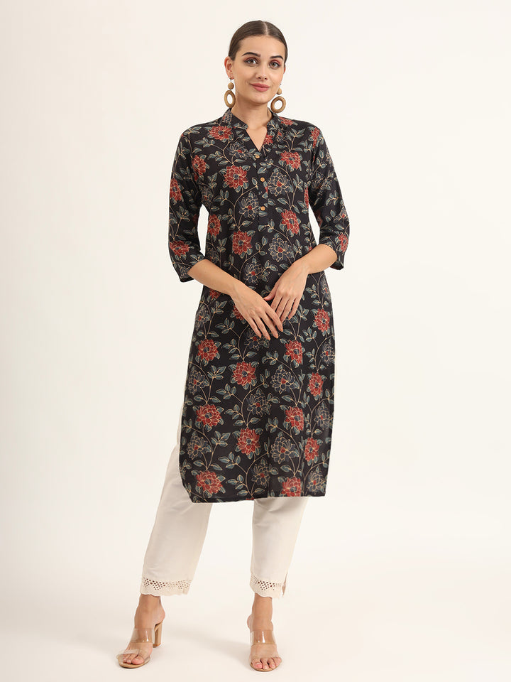 Divena Black Floral Print Rayon Straight Kurta
