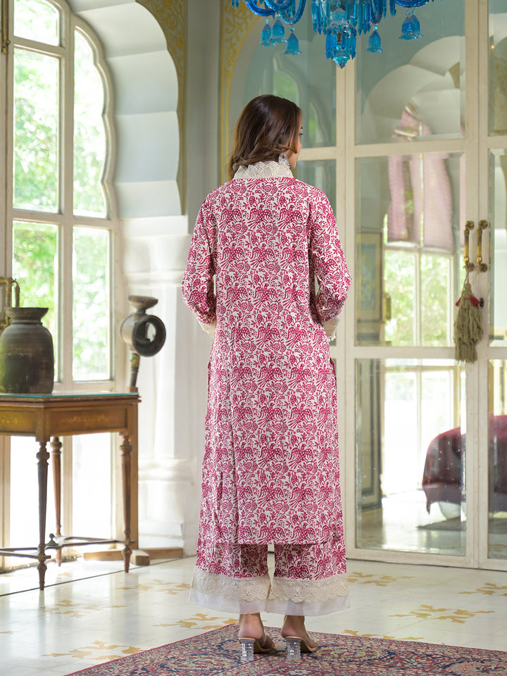 Divena Cream & Pink Rayon Ethnic Print Kurta Pant with Dupatta