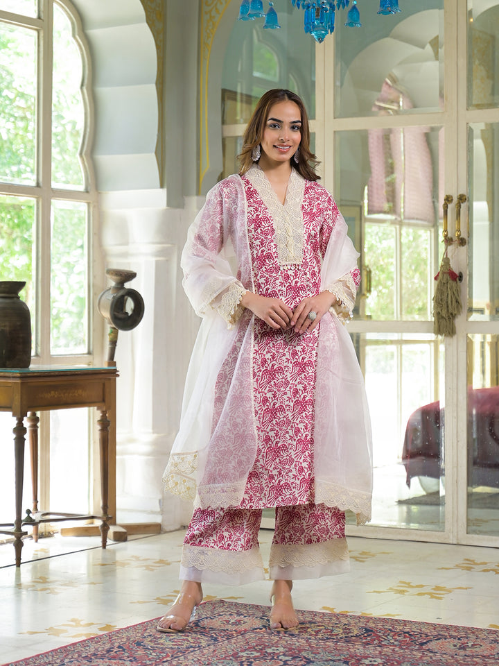 Divena Cream & Pink Rayon Ethnic Print Kurta Pant with Dupatta