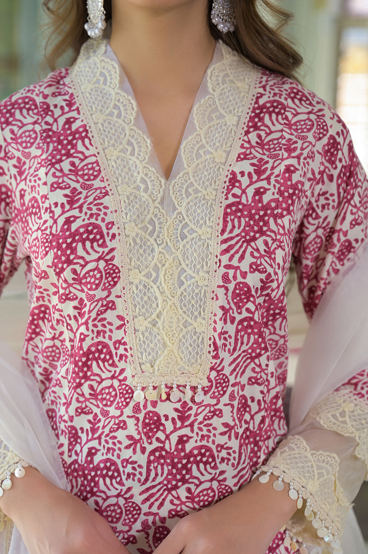 Divena Cream & Pink Rayon Ethnic Print Kurta Pant with Dupatta