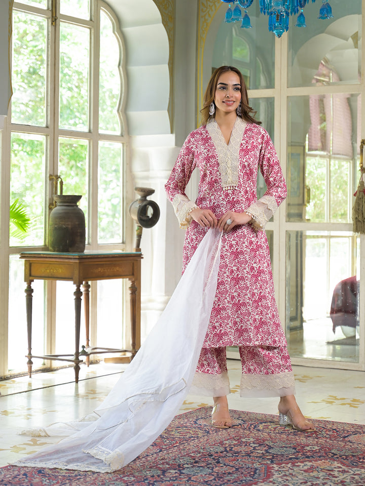 Divena Cream & Pink Rayon Ethnic Print Kurta Pant with Dupatta