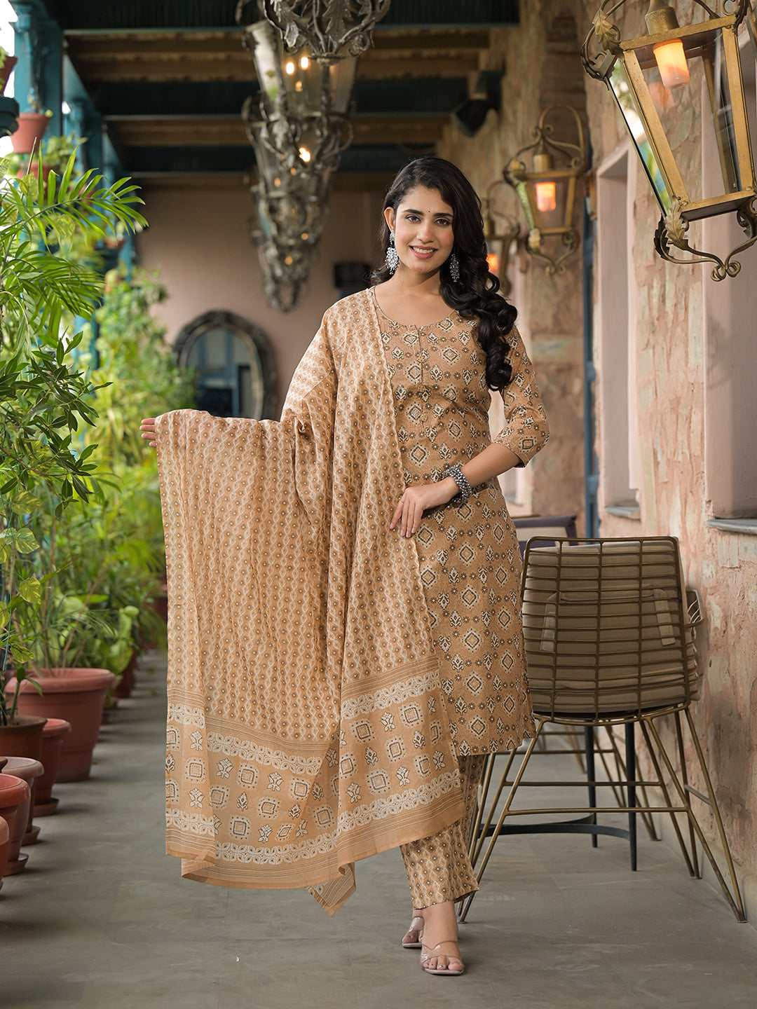 Divena Brown Cotton Kurta Pant with Dupatta