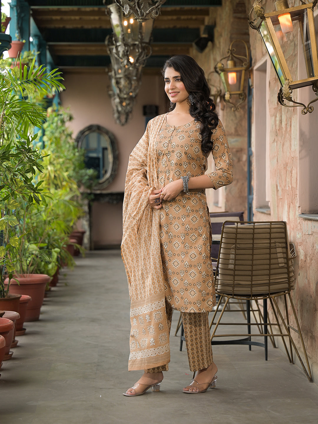 Divena Brown Cotton Kurta Pant with Dupatta