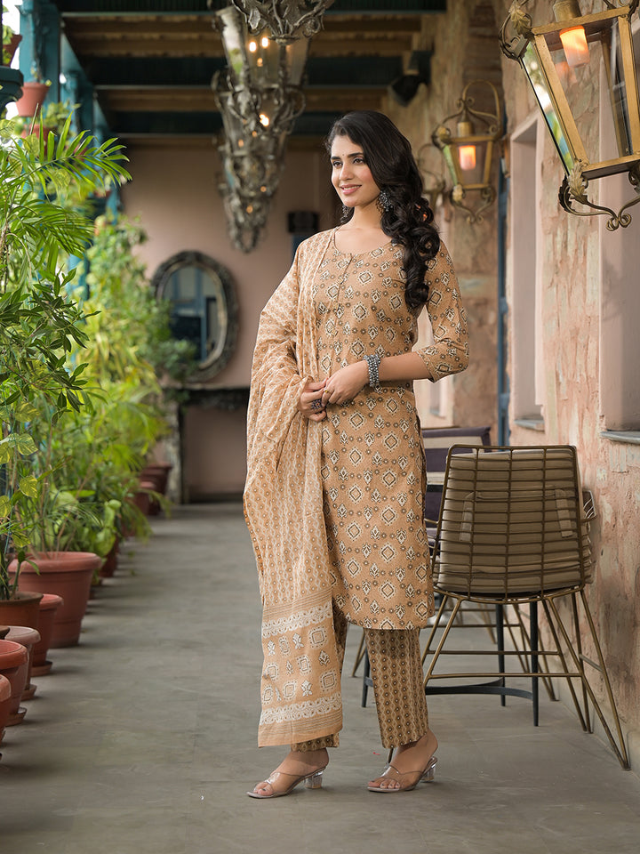 Divena Brown Cotton Kurta Pant with Dupatta