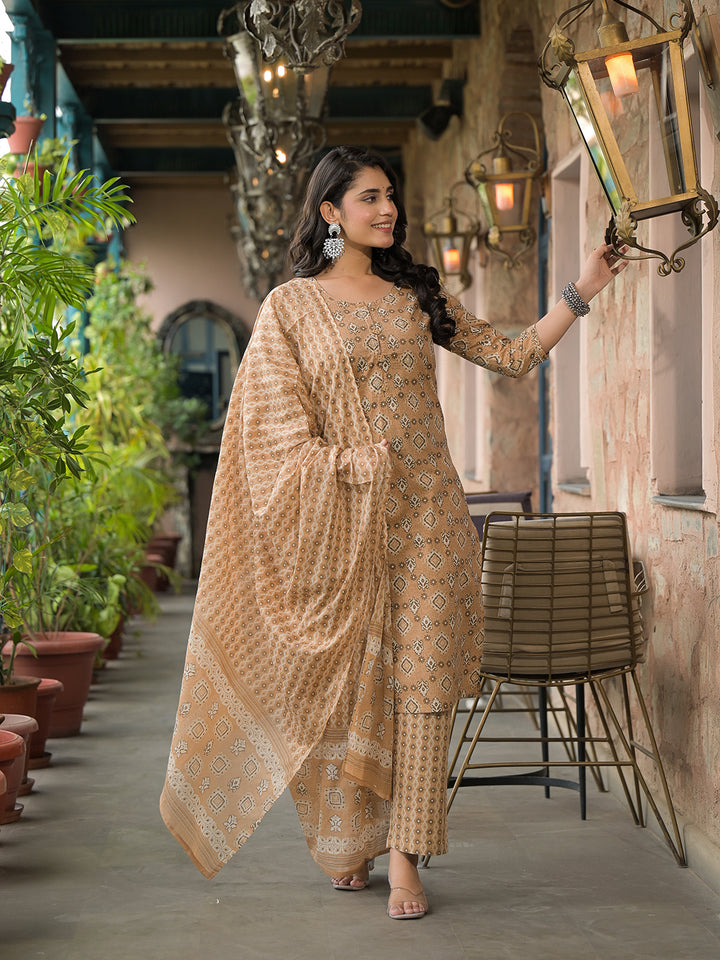 Divena Brown Cotton Kurta Pant with Dupatta