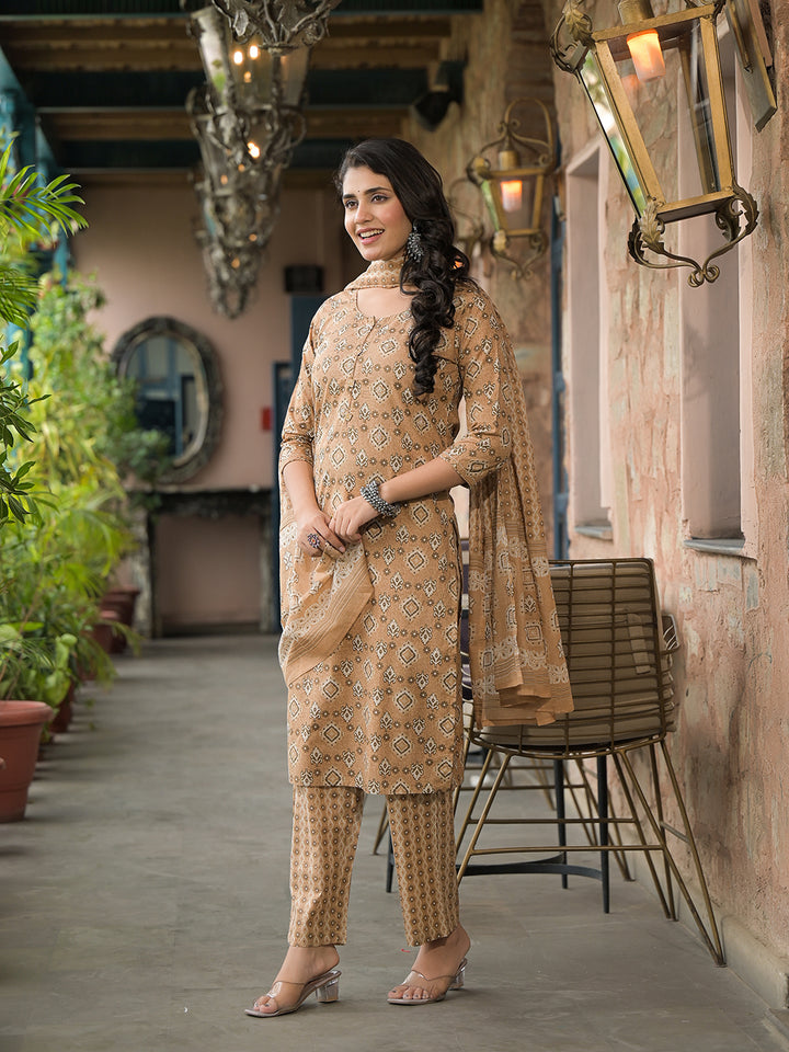 Divena Brown Cotton Kurta Pant with Dupatta