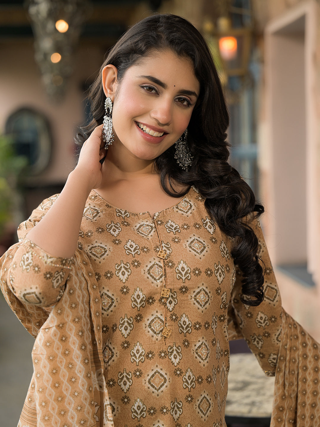Divena Brown Cotton Kurta Pant with Dupatta