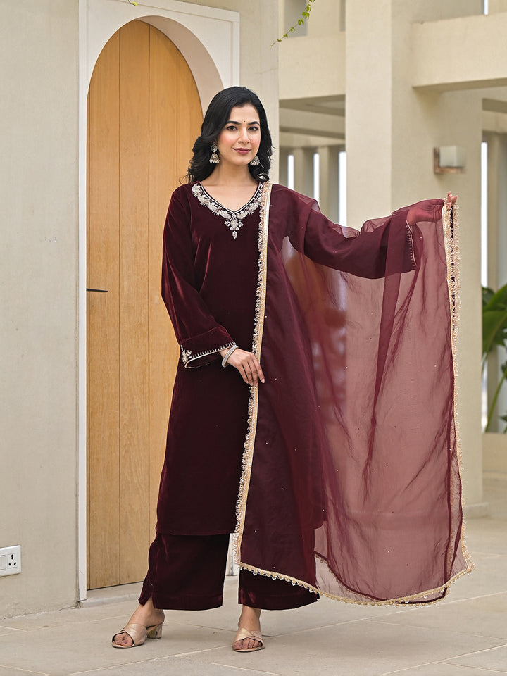 Divena Embroidered Maroon Velvet Kurta Pant Dupatta Set for Women