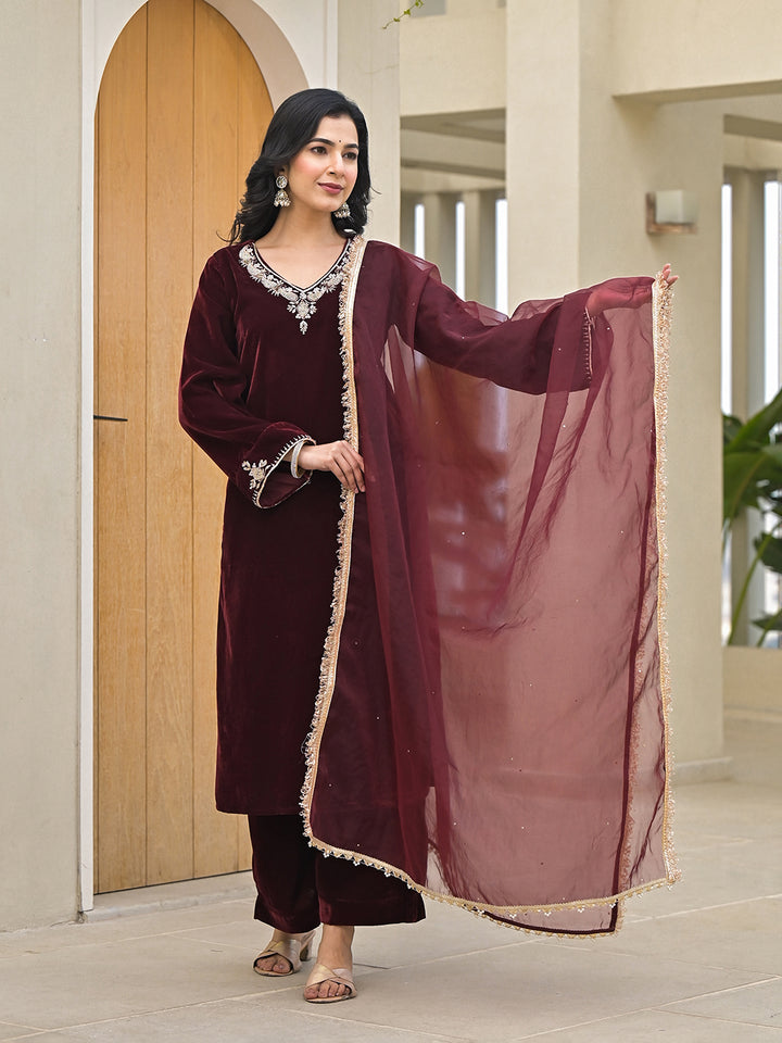 Divena Embroidered Maroon Velvet Kurta Pant Dupatta Set for Women