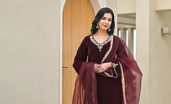 Divena Embroidered Maroon Velvet Kurta Pant Dupatta Set for Women